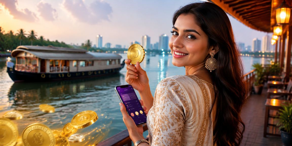 Excited young woman registering on a mobile device with scenic Kerala backwaters background